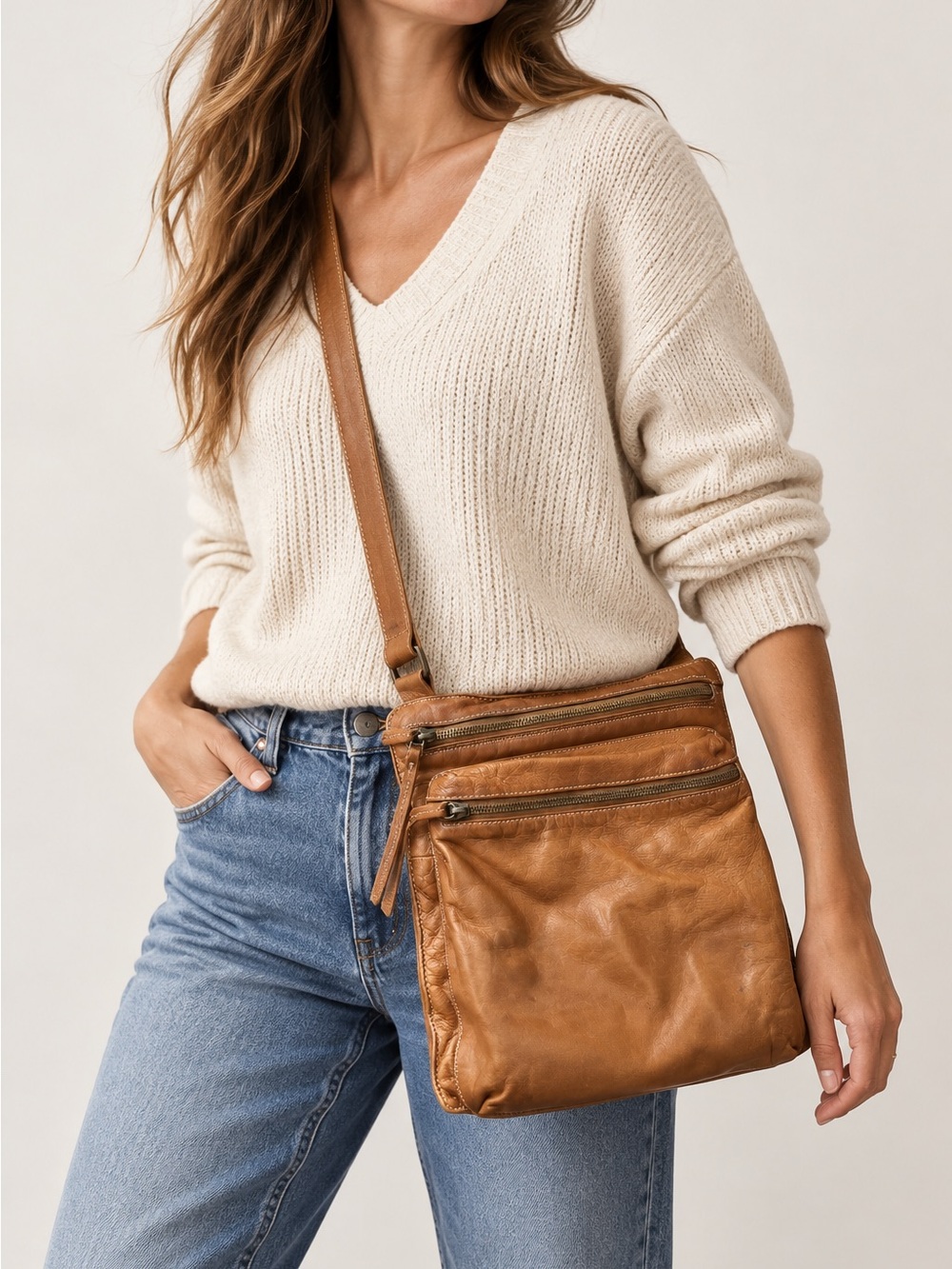 Sundance Made in Italy Cognac Leather Crossbody Bag Double Zip Boho travel